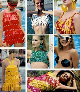 “Paco Rabanne’s starkly geometrical plastic swimsuits employ contemporary materials with a classic simplicity, conjuring up timeless images.  Rabanne’s modern male-female approach is most apparent in air-conditioned outfit, above right, designed to show and shield a fair lady.  The girl in the center wears a bolero of disks emblazoned with concentric circles, suggesting the armor of Attic warriors.  The lass on her left, peering through one of Poco’s opulent optics, shielded by breastplates that further delineate a common interest of ancient and modern times…”
