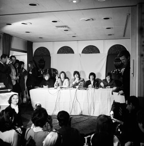 The Rolling Stones at a press conference at the Beverly Rodeo Hotel, Los Angeles, 10th July 1965. Left to right: Brian Jones, Mick Jagger, Keith Richards, Bill Wyman and Charlie Watts. (Photo by Hulton Archive/Getty Images)