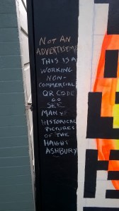 Only when I was sure it would scan did I add this. I'll replace it with an artist's statement that explains how to get and use a QR scanner on a phone. I will also be washing off or painting over the blue chalk lines and covering the surface with a few coats of urethane.