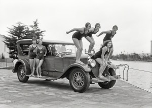San Francisco circa 1927. "Cadillac and swimmers at Fleishhacker Pool." 5x7 glass negative formerly of the Wyland Stanley collection.