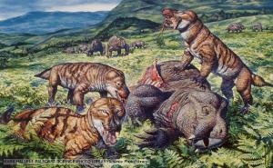 A group of Cynodonts, the missing links between reptiles and mammals, eating a dicynodont therapsid. The early Triassic period. It was one of the more mammal-like of the mammal-like reptiles, a member of a grouping called Eucynodontia. Triassiac age of Africa.