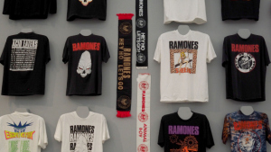 Ramones T-shirts are on display during a press preview at the Queens Museum April 5, 2016 for "Hey! Ho! Let's Go: Ramones and the Birth of Punk!" in New York.  The exhibit takes place April 10 to July 31, 2016. / AFP / Timothy A. CLARY        (Photo credit should read TIMOTHY A. CLARY/AFP/Getty Images)