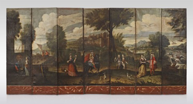  Almohadilla, Mexican Sewing box - Michoacán, Mexico 18th Century, Lacquered veneer 12 x 42 x 13 cm Almohadilla, Mexican Sewing box - Michoacán, Mexico 18th Century, Lacquered veneer 12 x 42 x 13 cm Probably produced by the Cerda family in Michoacan, Mexico. Inquisition officials found many tools associated with sewing, knitting and embroidery, some of the hobbies of high-born colonial women - This Sewing box or “Almohadilla” as known in Spanish countries, is a fine example of the quality expected by high ranking Mexican families. The present Almohadilla depicts various scenes from daily and intimate life, for example buying fruit cultivated on the islands of the lake, being presented with flowers, set in the lush grounds of a castle or villa. Biombo, Peruvian School - 18th Century, Seven Panel folding Viceregal screen, oil on canvas 208 x 504 cm Biombo, Peruvian School - 18th Century, Seven Panel folding Vicer