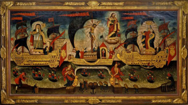  Almohadilla, Mexican Sewing box - Michoacán, Mexico 18th Century, Lacquered veneer 12 x 42 x 13 cm Almohadilla, Mexican Sewing box - Michoacán, Mexico 18th Century, Lacquered veneer 12 x 42 x 13 cm Probably produced by the Cerda family in Michoacan, Mexico. Inquisition officials found many tools associated with sewing, knitting and embroidery, some of the hobbies of high-born colonial women - This Sewing box or “Almohadilla” as known in Spanish countries, is a fine example of the quality expected by high ranking Mexican families. The present Almohadilla depicts various scenes from daily and intimate life, for example buying fruit cultivated on the islands of the lake, being presented with flowers, set in the lush grounds of a castle or villa. Biombo, Peruvian School - 18th Century, Seven Panel folding Viceregal screen, oil on canvas 208 x 504 cm Biombo, Peruvian School - 18th Century, Seven Panel folding Viceregal screen, oil on canvas 208 x 504 cm First appearing in the Americas in the early 17th century after their introduction from Japan and China, the folding screens of New Spain, or biombos, would come to embellish the homes and palaces of the elite. In their various permutations, they reflect the changing tastes and fashions of a world increasingly connected through global economic exchange and the politics of the colonial period. The present screen depicts various couples set in the lush grounds of a castle with a hunting scene in the background. In the centre, a woman stands close to a peacock, perhaps symbolizing marriage, who holds a rose in her hands and turns towards a gentleman on a horse. To their right, another couple are dressed as pilgrims of the Camino de Santiago de Compostela as evident by the scallop shells stitched on their clothes, possibly as a memoir of their pilgrimage to the Galician city. A similar biombo, depicting a scene of early 18th century daily life in Colonial Mexico is at the Denver Art Museum. Provenance: From the Collection of Duque de Sessa's family Gavito y Jauregui, Barcelona in 18th century. Allegorical Flotilla of Salvation Perú. Cuzco School 17th Century Oil on canvas 49 7/8 x 99 1/2 inches (127 x 253 cm) Allegorical Flotilla of Salvation Perú. Cuzco School 17th Century Oil on canvas 49 7/8 x 99 1/2 inches (127 x 253 cm) 