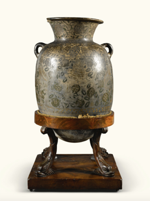  Buenaventura José Guiol, Birds of Mexico, ca. 1770-80, oil on canvas, 62.3 x 55.5 cm. Denver Art Museum, Collection of Jan and Frederick Mayer Buenaventura José Guiol, Birds of Mexico, ca. 1770-80, oil on canvas, 62.3 x 55.5 cm. Denver Art Museum, Collection of Jan and Frederick Mayer ￼Formerly in the collection of Jacqueline Goldman, Paris "This set of four paintings depicting the fauna of Mexico were painted in the second half of the eighteenth century, by Buenaventura José Guiol who is also known to have painted another set of birds which are now displayed in the Denver art museum and two sets of casta paintings. (...) Buenaventura José Guiol depicted these landscapes elaborately and heavy with colour. The skies are ripe with rain and movement, promising nourishment for the already fertile and abundant vegetation. The categorization of birds and other animals dominate these landscapes. Many of these species, which were native to the landscape of the New World would have been previously unseen by European audiences…" ￼The Dream of Pharaoh and Joseph's rise to Viceroy of Egypt, 1774, Oil on copper 80 x 65 cm ￼The Dream of Pharaoh and Joseph's rise to Viceroy of Egypt, 1774, Oil on copper 80 x 65 cm Inscribed lower right hand side: ‘Fue tocada a Nra. S.ra de Guadalupe de Mexico en 20 de Abril de 1774 por el Abad de la Colegiata Dr. Dn. Diego Sanchez Pareja.’ Signed lower right on the step: Joans Patris Morlete Ruiz Pingt. This elaborate and impressive copper by Morlete Y Ruiz depicts the rise of Joseph to the role of Viceroy of Egypt following his revelation of Pharoah’s dream represented by the bales of wheat. Its didactic nature was very much a theme of religious painting in 18th century Mexico. As the inscription relates, this particular example was commissioned by the abbot of Santa Maria de Guadalupe, the most important shrine in the Americas, Dr Diego Sanchez Pareja. The various elements of Joseph’s life incorporated into the painting could well be a reference to Dr Pereja’s own career, rising to a position of power within the church at a time when its influence in the secular world was also notable. Indeed the central figure in clerical garb is most probably his portrait. Along with the Trinity and the Virgin, the inclusion of a ship may have had a very personal meaning. In 1766 Dr Pareja was aboard a trading ship called the El Nuevo Constante which was sailing from Veracruz in Mexico to Cadiz. Unfortunately the ship foundered in shallow water off the coast of Louisiana and had to be abandoned, the crew and passengers were all rescued and indeed the majority of the cargo was also saved. The wreck itself was rediscovered in 1979 and an archaeological survey undertaken, its importance being in the fact the original cargo manifests survive. It would seem perfectly reasonably for Dr Pareja, on his return from Spain, to commemorate his own good fortune in a devotional work commissioned for his collegiate church. ￼￼￼ Tinaja, large Guadalajara earthenware two handled amphora vase, Overall height 112cm., 44 1/8 in., the vessel approximately 86cm., 33 7/8 in. long Tinaja, large Guadalajara earthenware two handled amphora vase, Overall height 112cm., 44 1/8 in., the vessel approximately 86cm., 33 7/8 in. long Of amphora form with a rounded base and flaring 